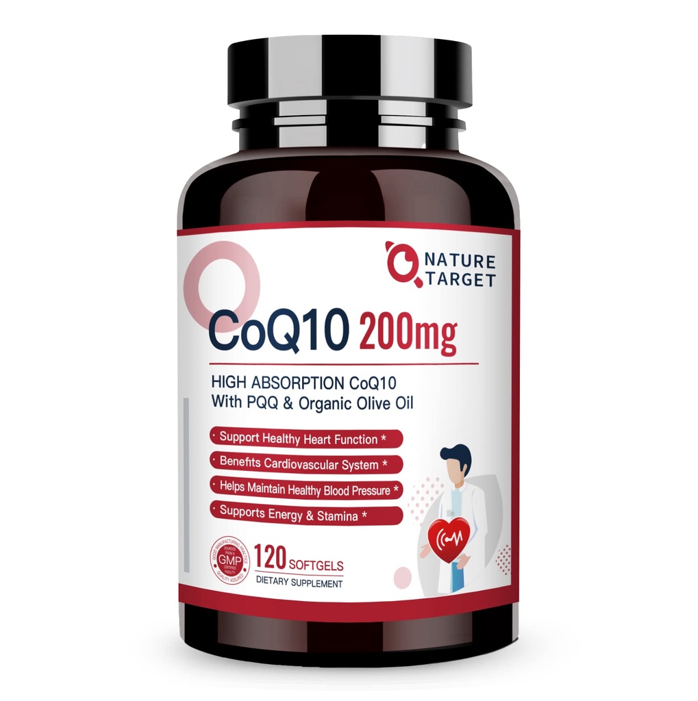 NATURE TARGET CoQ12-200 mg-Softgels + PQQ med organisk-Olive-Oil - høy absorpsjon-Coenzym-Q10 - Antioksidant-for-Heart-Health og Immune Support, Energiproduksjon, 120 Services