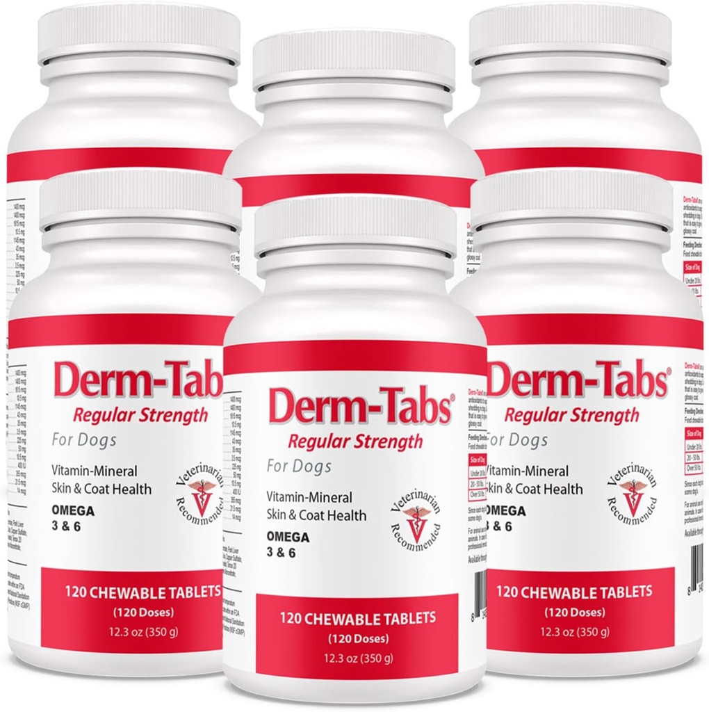 Derm Tabs Regelmessig styrke for hunder - Naturlig olje, vitaminer, mineraler og antioksidanter - Støtte sunn hud og redusere shedding - 720 Chewable Tabletter