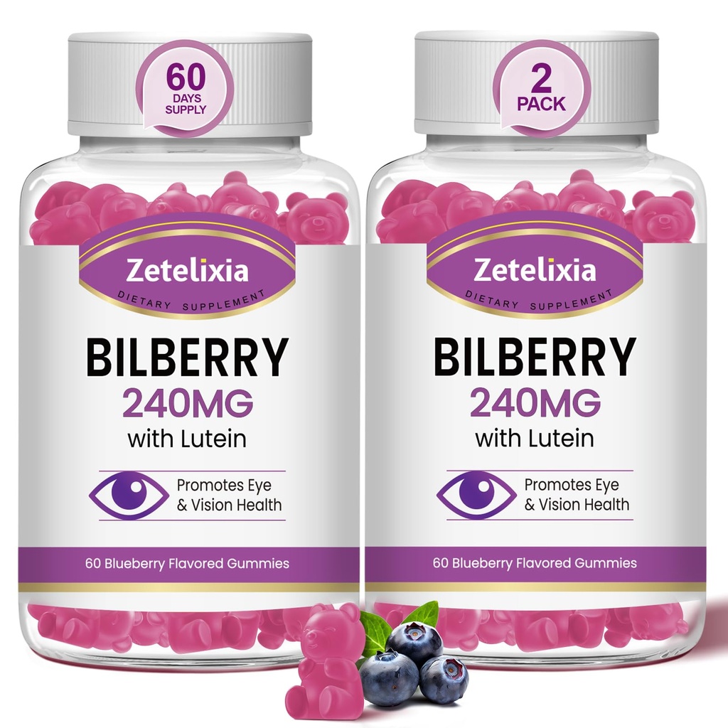 2 Pack Lutein Gummies Øye Helse Supplement for voksne, Lutein & Zeaxanthin Kosttilskudd Øyevitaminer Gummies, Bilbær med Lutein for å fremme øye & visjon - 120 Gummies