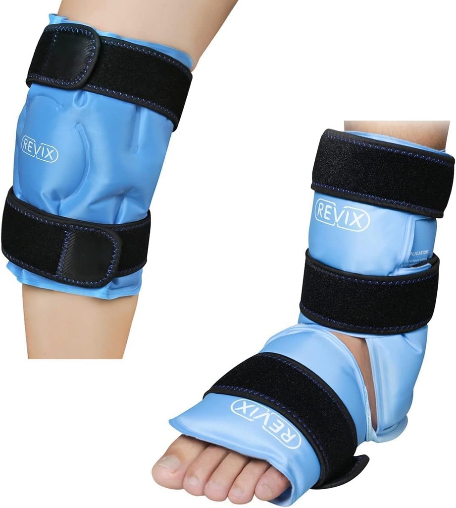 REVIX Ankle Ice Pack Wrap for skadeskader Reusable og REVIX Ice Pack for Knee Pain Relief, Reusable Gel Ice wrap for benskader
