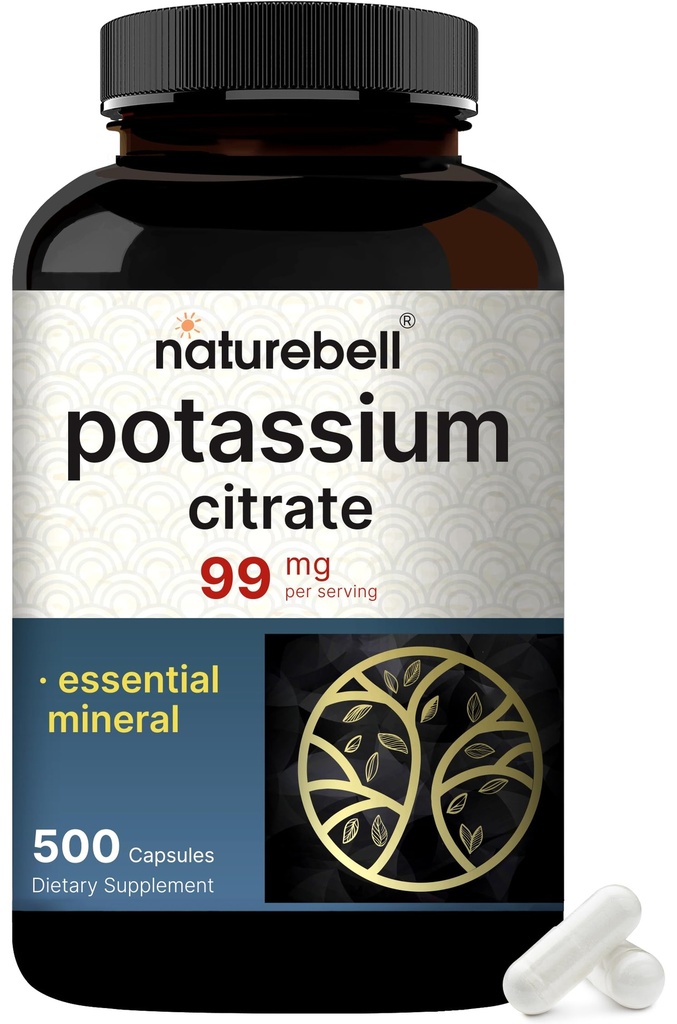 Kalium Citrat Supplement 99mg, 500 Kapsler | lett absorbert Chelated Form – Essential Mineral Electrolyte Balance – støtter muskel, bein og hjerte helse – ikke-GMO