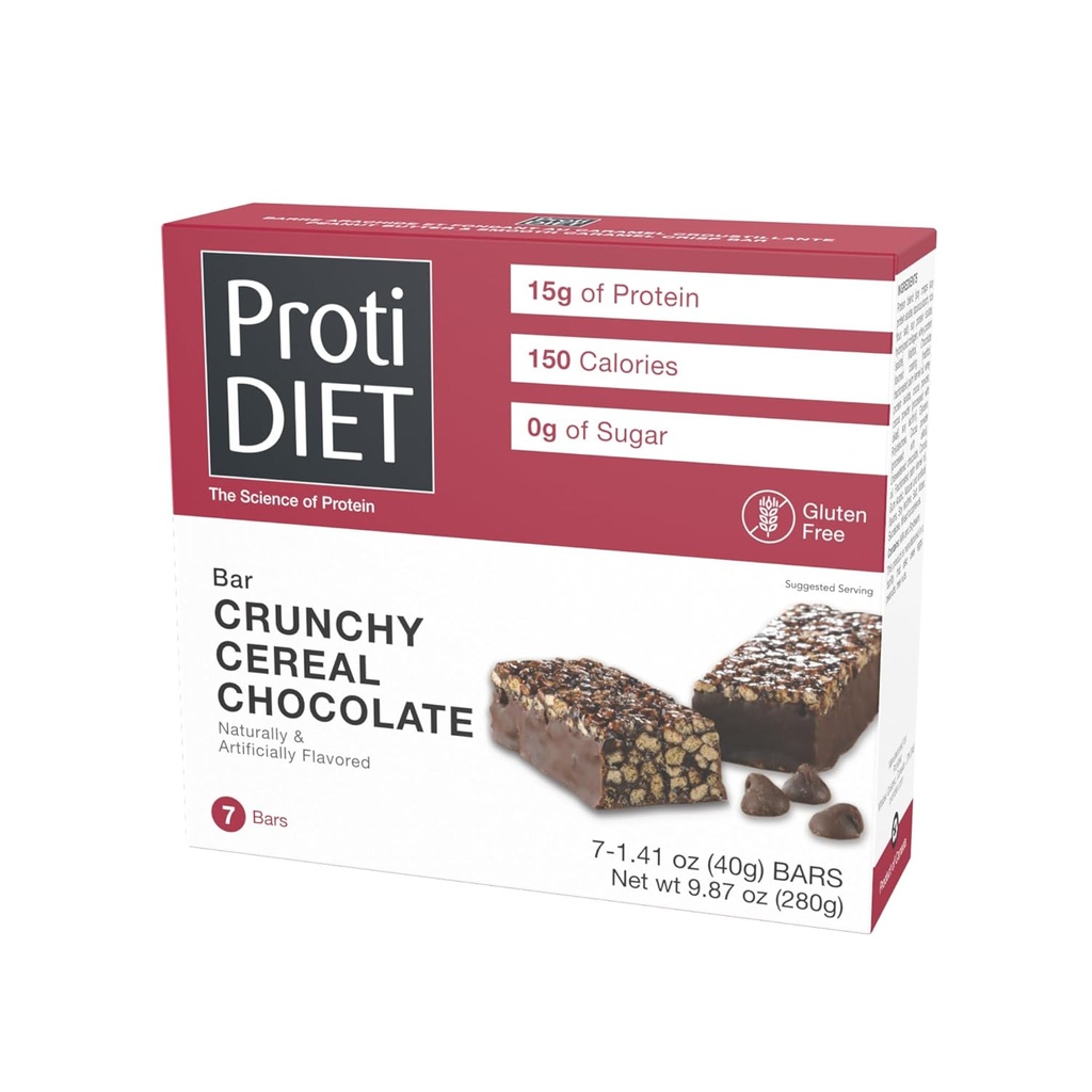 ProtiDIET Glutenfri Crunchy Cereal Chokolade Fiber Protein Bars - høyproteinsnacks, perfekt on-the-Go næringssnacks for å støtte en oppteken og aktiv livsstil - 7 proteinbarer per boks