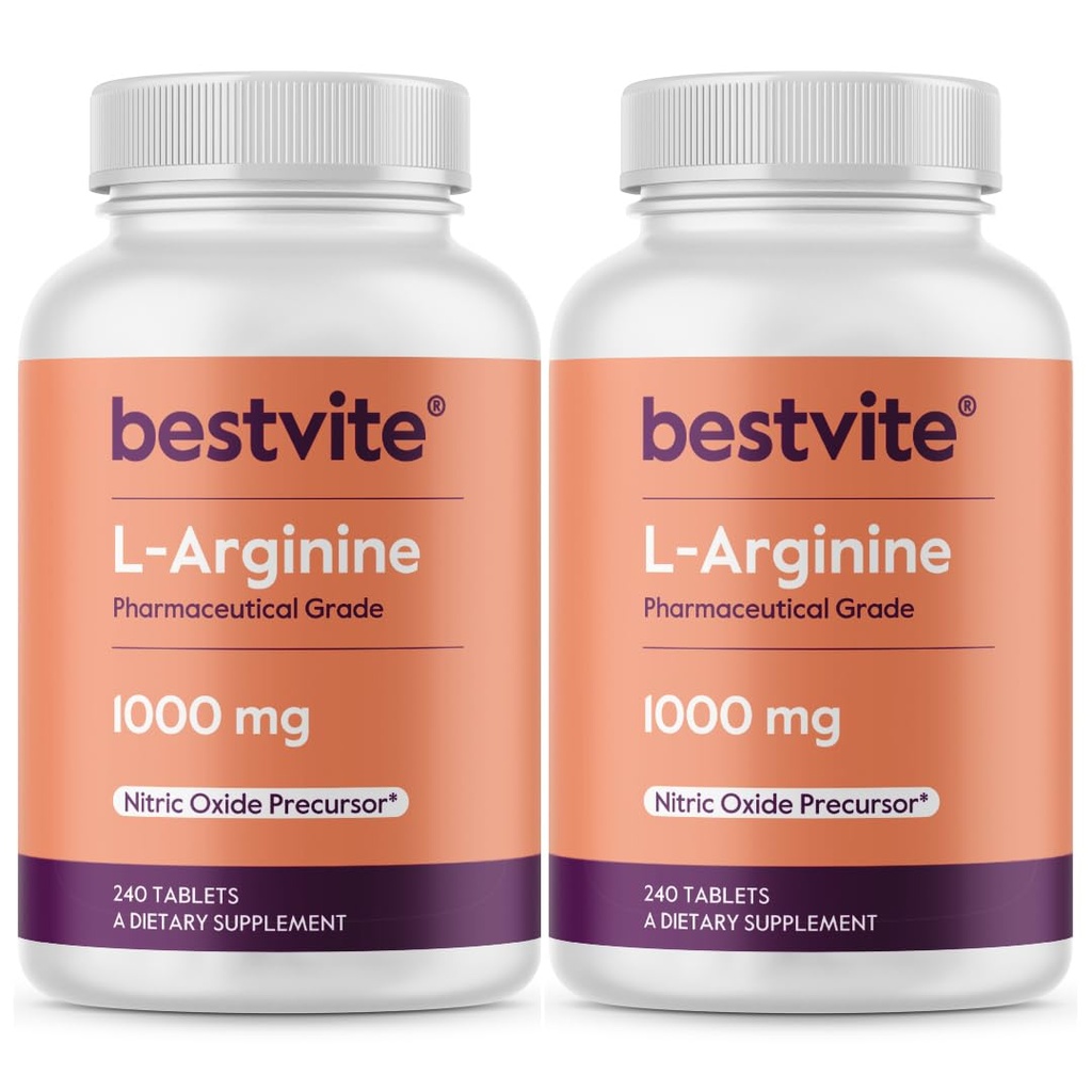 BESTVITE L-Arginine 1000 mg per tablett (480 tabletter) (240 x 2) – Farmasøytisk nivå – inneholder 20% mer ren Arginine sammenlignet med Arginine HCl – Nitric Oxid Precursor *