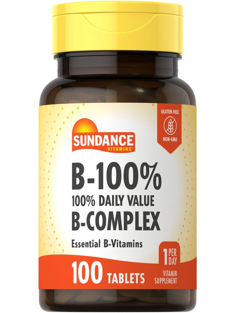Sundance Vitamin B-Complex 100% daglig verdi | 100 tabletter | vegetarisk, ikke-GMO, og Glutenfri Supplement