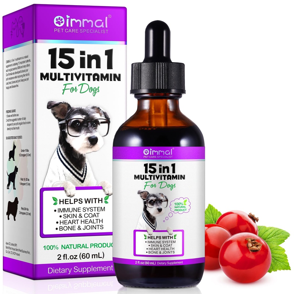 15 i 1 hund multivitamin, all-i-ett multi-væske multivitamin for hunder, hund vitaminer og kosttilskudd med digestiv, immunitet, Allergi hud & Coat støtte, Hip & felles, alle aldre, avler 2 oz