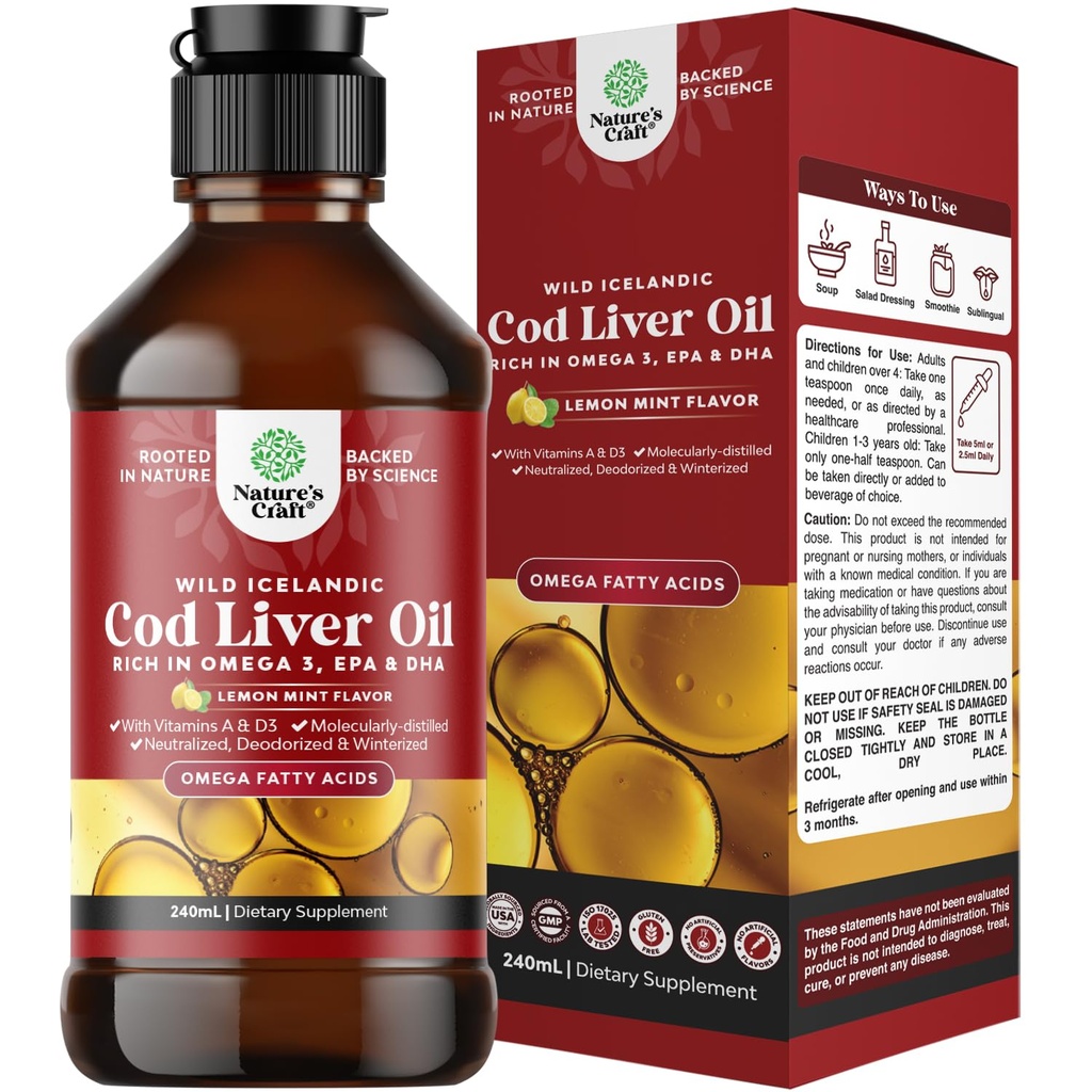 Icelandic Wild Fanget Cod Liver Oil Liquid - Fiskeoljedråper med Omega 3, EPA, DHA, Vitamin D & A - Flytende Cod Liver Supplement for hjerte, ledd, hjerne og immun støtte - 240 ml (8 Ounce)