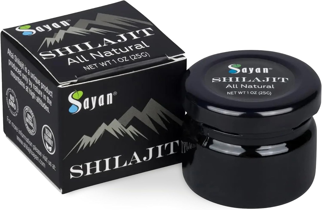 Sayan Pure Shilajit Resin 1oz/25g, Glass Jar, 250 serveringer - Potent Organic Fulvic Acid Supplement - støtter immunsystem, minne, fokus, og gir naturlig energi, Detox - Vegan, ikke-GMO