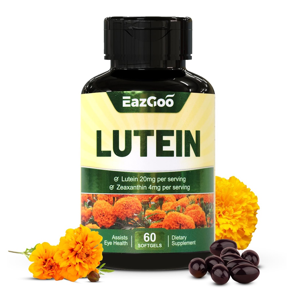 Lutein for øyne, Lutein 20 mg, Lutein og Zeaxanthin kosttilskudd, Øyetilskudd, Øyestrain Relief & Support Visjon Helse, Vegan, 60 Softgels
