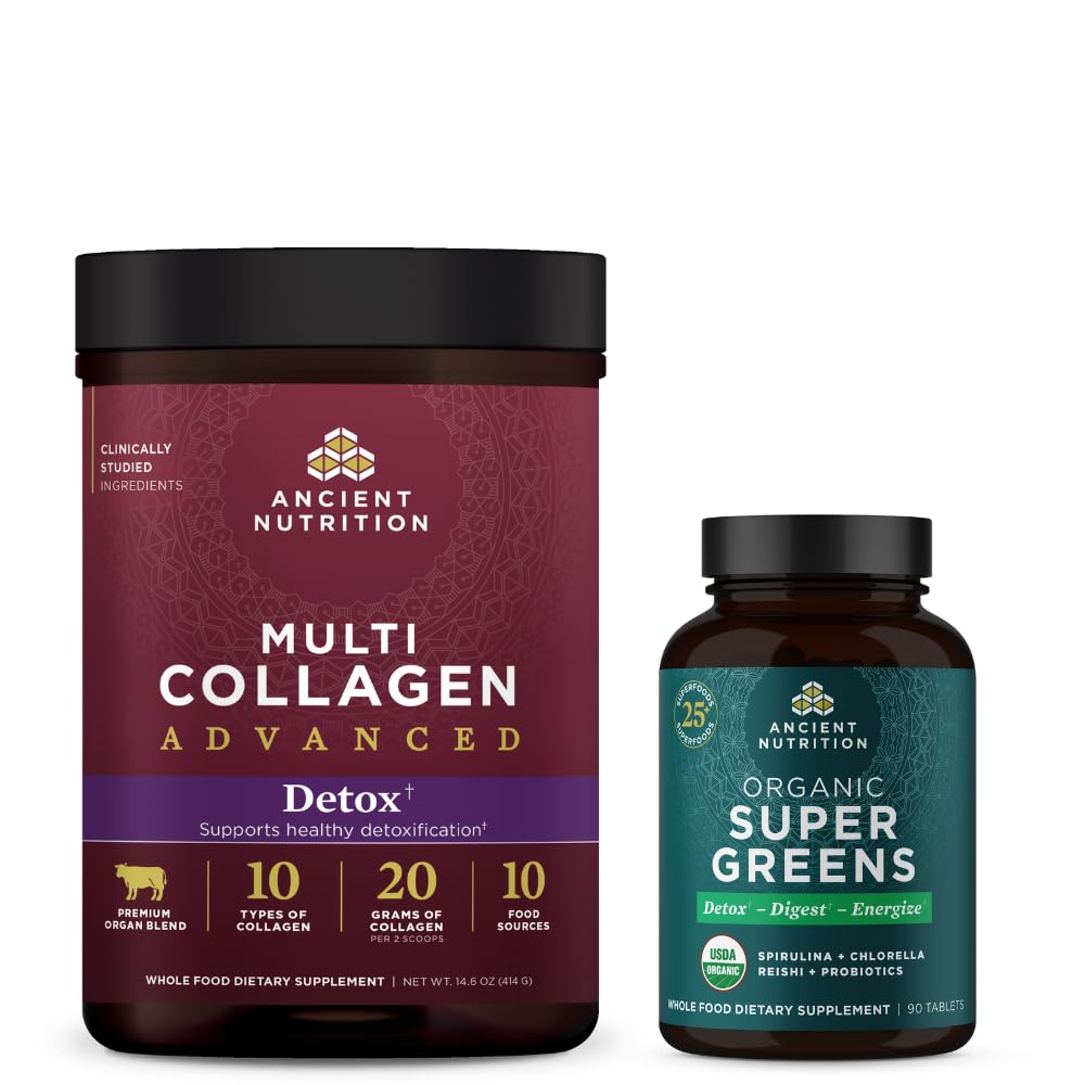 Gamle Ernæring Multi Collagen Advanced Powder Cleanse & Detox, Unflavored, 36 Serveringer + Organic Super Greens Tablett 90 Count