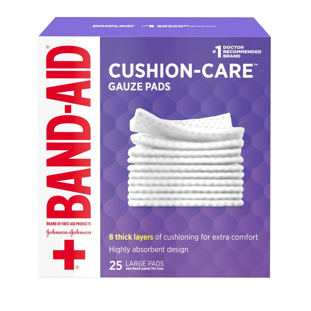 Band-Aid Merke Absorbent Cushion Care Sterile Square Gauze Pads for førstehjelpsbeskyttelse av mindre kutt, Scrapes & Burns, Ikke-Adhesive, Sår Care Dressing Pads, Stor, 4 i x 4 i, 25 ct