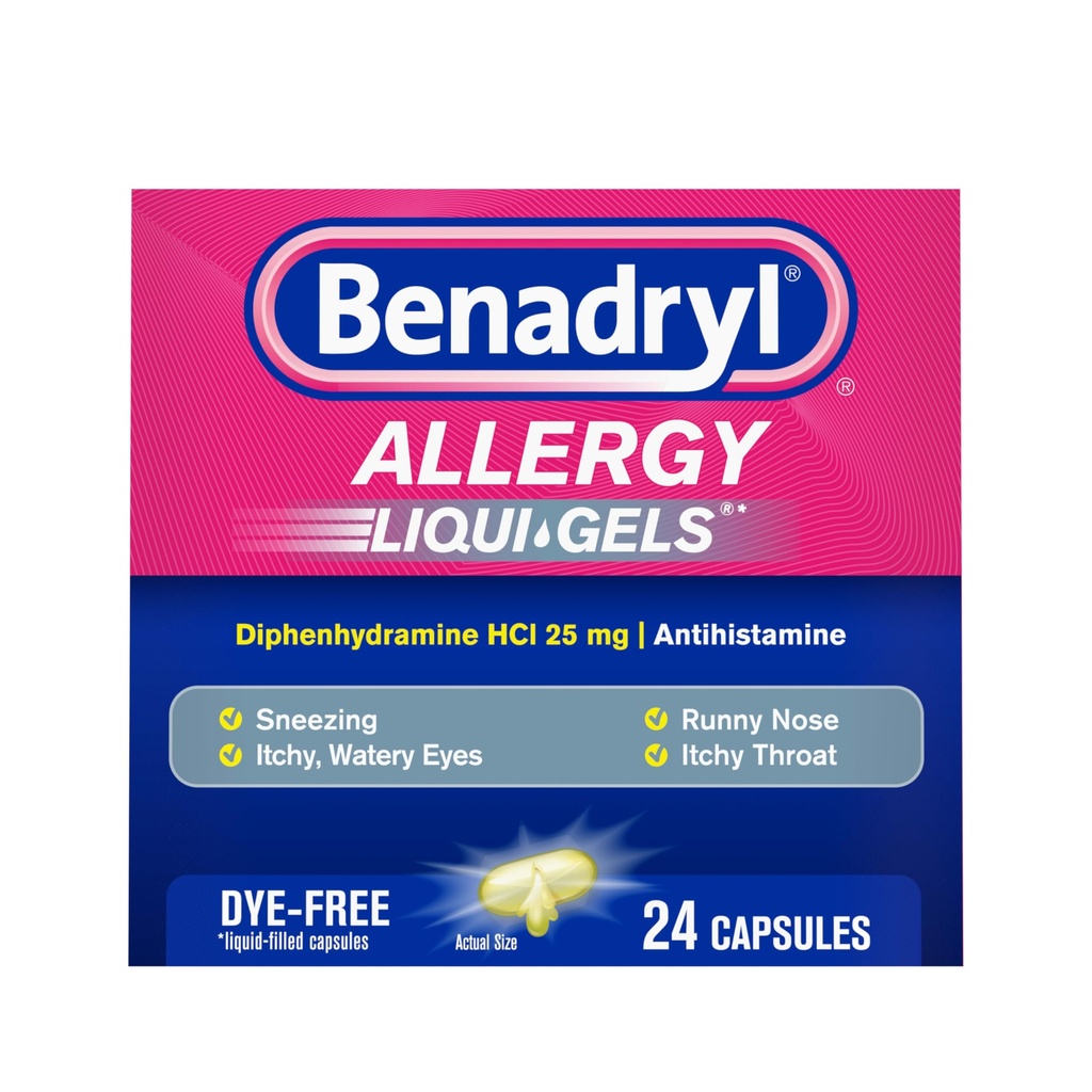 Benadryl Liqui-Gels Allergi medisin, Dye-fri flytende Gel kapsler med 25 mg Diphenhydramin HCl Antihistamine for lindring av allergi og kalde symptomer som Runny Nese & Sneezing, 24 ct