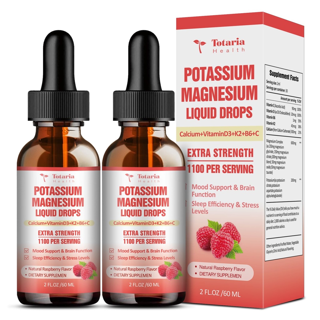 Kalium magnesium Supplement flytende dråper - høy absorpsjon Kalium Supplement med magnesium, kalsium, vitamin D3 K2, Vegan, ikke-GMO Potasie støtte ben krammer, bein, muskel - 4 Fl oz