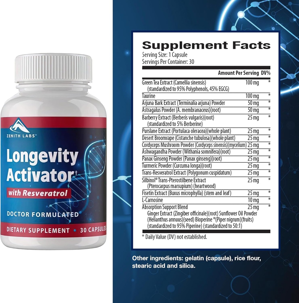 Zenith Labs Longevity aktivator Anti-Aging kosttilskudd, naturlige antioksidanter med Resveratrol - støtter immunfunksjon og sunn hukommelse, 3 pakke