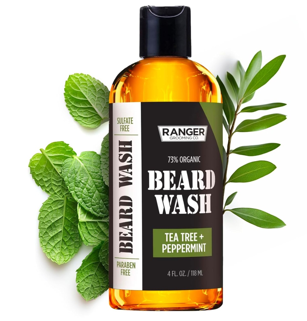 Leven Rose Beard Vaske Shampoo av Ranger Grooming Co, Sulfate gratis naturlig Beard Cleanser og balsam for menn, Te Tree & Peppermynte for vekst & tykkelse, Paraben Gratis 4 oz