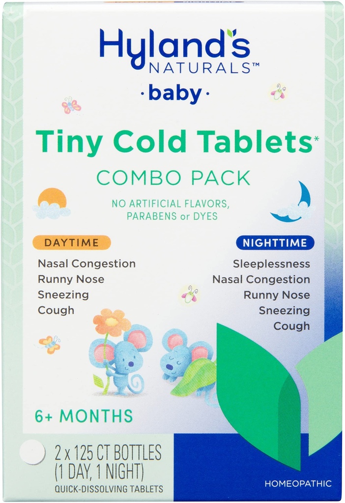 Hylands Baby Tiny kalde tabletter, dag og natt verdi pakke, spedbarn og baby kalde medisin, decongestant, Runny nese og cough relief, 250 hurtig-dissolverende tabletter