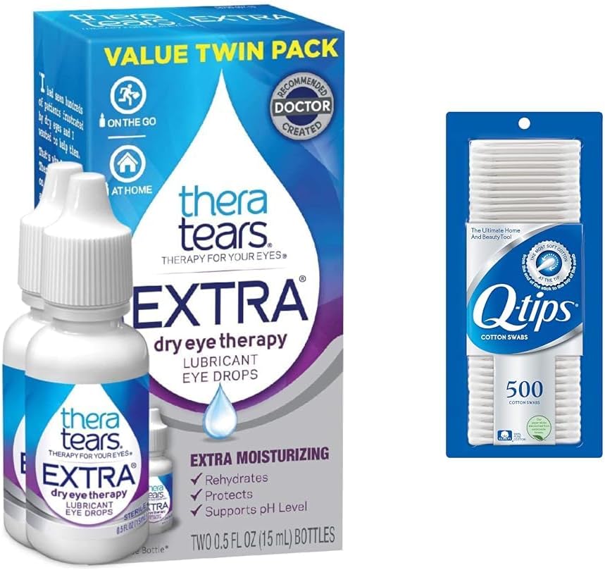 TheraTears Ekstra tørr Øye Drops 0.5 fl oz 2 greve med Q-Tips 100% Bomull Swabs 500 greve