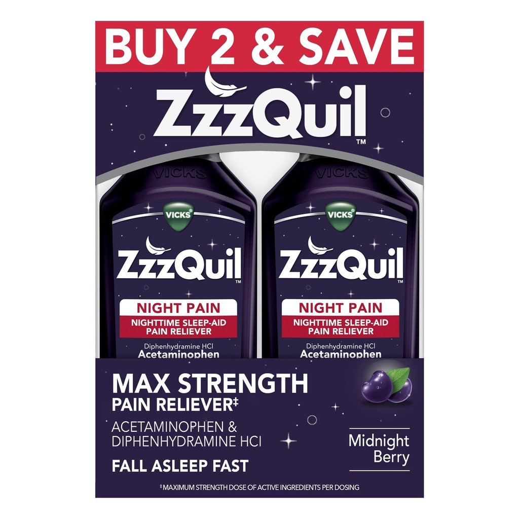 ZzzQuil flytende, Max styrke smertefri, natt søvnhjelp flytende, Acetaminophen 1000mg, Diphenhydramin 50mg HCI, ikke-habit forming, Midnight Berry Flavored, 2 Pack, 24 FL OZ