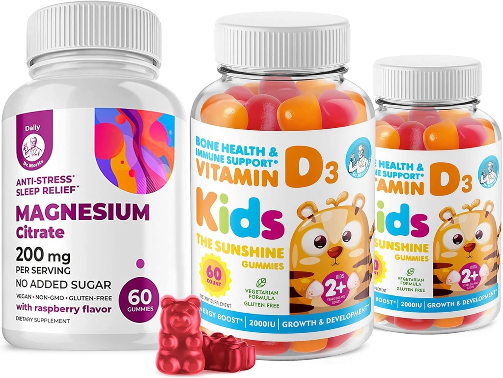 Vitamin D Gummies For Kids & Adults 2000 IU og Magnesium Gummies - Sunn vitamin D3 Kosttilskudd 1000IU - Vegetarisk Gelatin-fri immunstøtte med sukkerfri magnesiumfri ro Chews for barn og voksne