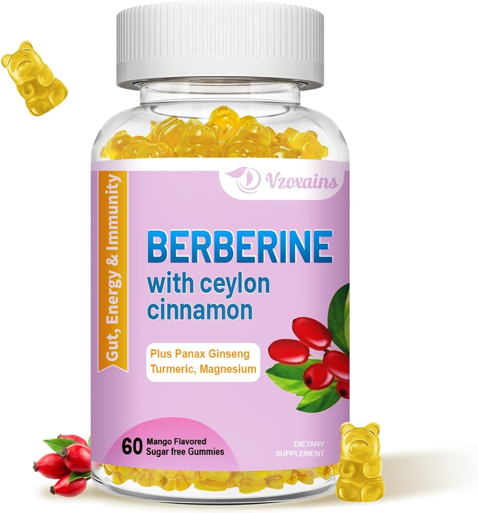 Berberine med Ceylon Cinnamon Gummies, høy potens Berberine HCI Supplement, immun helsestøtte, 60 Mango Flavored Gummies