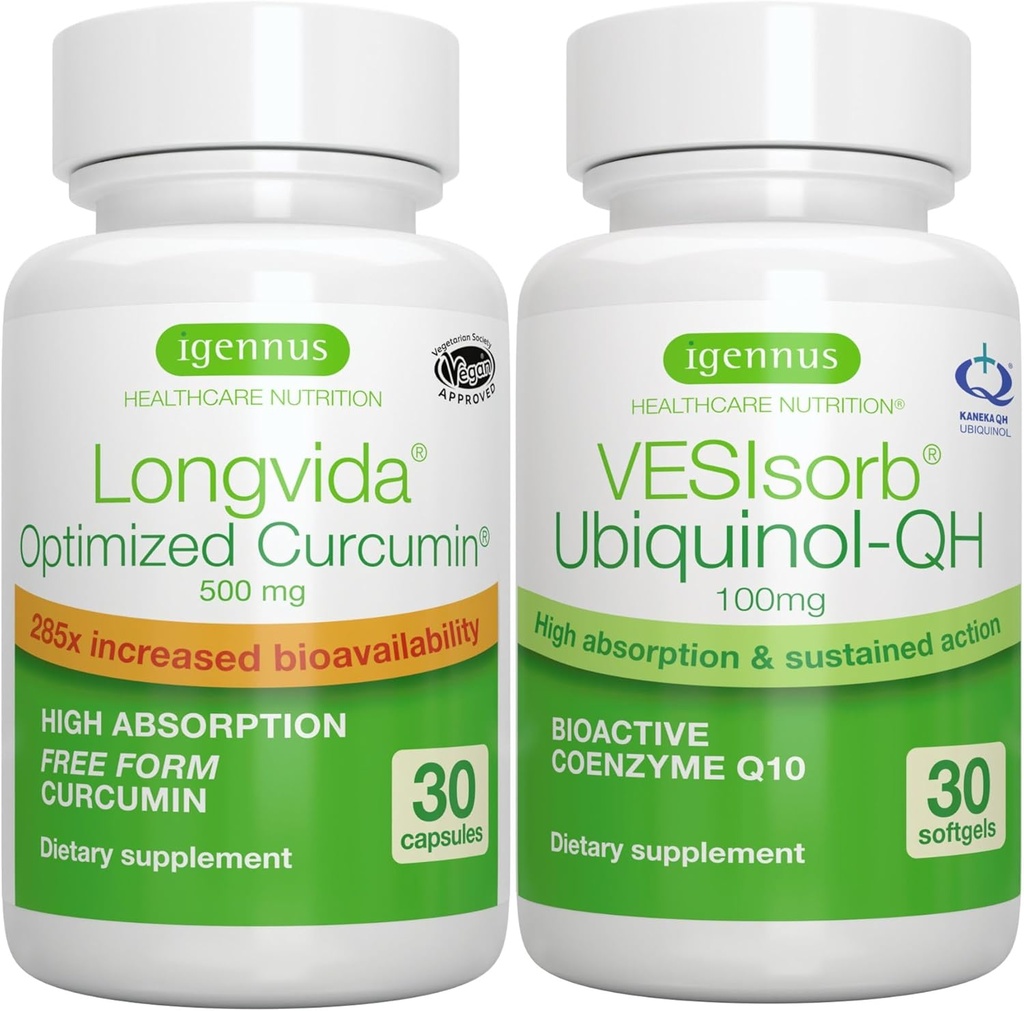 Longvida Curcumin 500mg + VESIsorb Ubiquinol-QH Avansert CoQ10 100mg Bundle, Ultra Biotilgjengelig Curcumin med Biotilgjengelig & Fast-Acting Ubiquinol, av Igennus