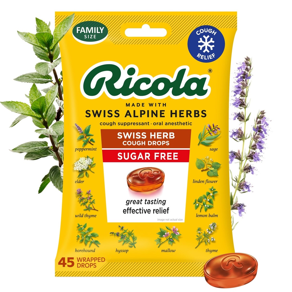 Ricola Sukker Gratis Sveitsisk urt cough drops, 45 greve, Cough Suppressant & Throat lindring drops med naturlig kildet Menthol, behagelig smak for grender & Throat Irritation Symptom Relief