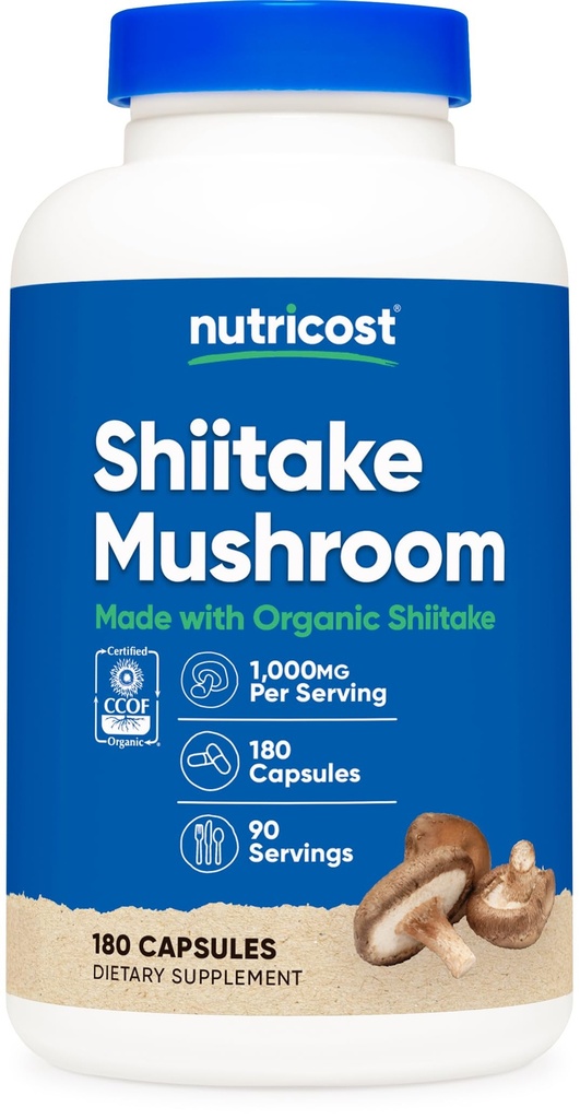 Nutricost Organic Shiitake Mushroom Capsules 1000mg, 90 Serveringer - CCOF Certified Laget med økologisk, vegetarisk, Glutenfri, 500mg per kapsel, 180 kapsler