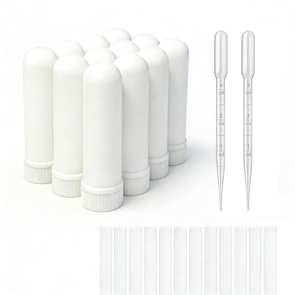 12 sett essensiell olje aromaterapi rør innhaler Sticks Blank Nasal innhalere(12 komplette pinner) + 2 Polyetylen pipette droppers