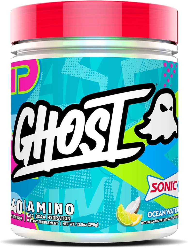 GHOST Amino: Essential Aminosyre Supplement, Sonic Ocean Water - 40 Serveringer - Intra-Workout pulver for Hydrasjon og gjenoppretting 4.5 g BCAA & 5,5 g EAA - Soya & Glutenfri, Vegan