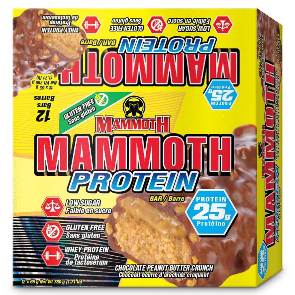 MAMMOTH Protein Bar, Sjokolade Peanut Smør Knuser, 25g Protein, Lav Sukker, Lav karbohydrat, Glutenfri, 12 x 65g (12 greve) (Chokolate Peanut Smør Crunch) (12 greve, Sjokolade Peanut Smør Crunch)