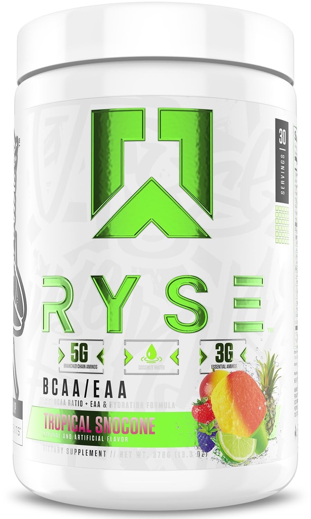 RYSE BCAA EAA pulver - Tropisk Snocone - 5g grened kjede Aminosyrer, 3g essensielle aminoer, sukkerfri elektrolytter for pre & post trening muskelgjenoppretting, Hydrasjon og styrke - 30 Services