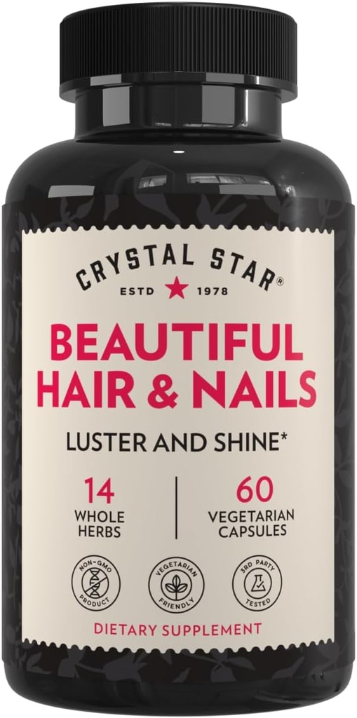 Crystal Star Vakkert hår og negle Supplement (60 kapsler) – Herbal Supplement støtter tykkere sterkere hår og negler – Hestehale, Nettle & Alfalfa – Ikke-GMO