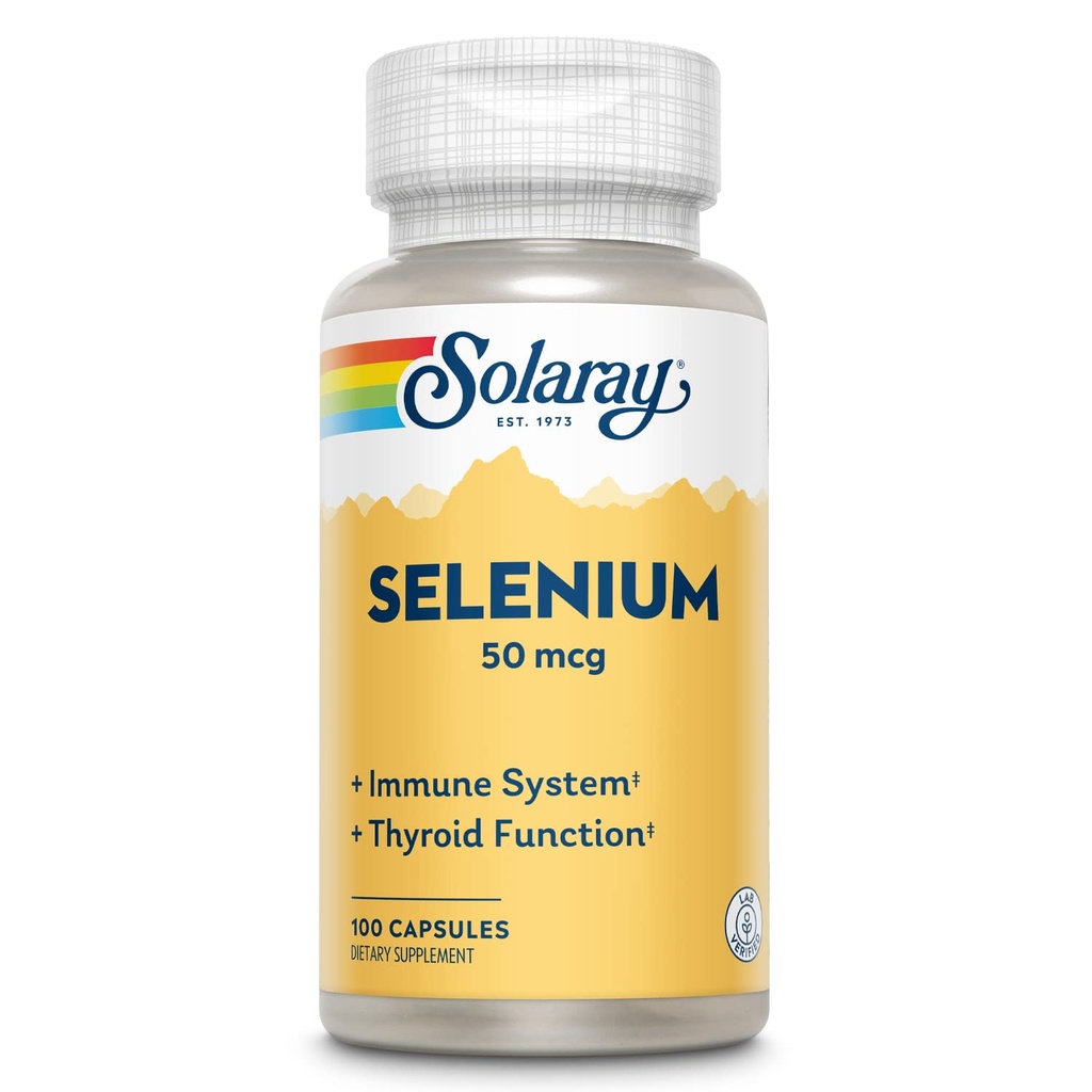 Solaray Selen 50 mhg, Sunt immunsystem, Thyroid funksjon og antioksidant støtte, 100 kapsler