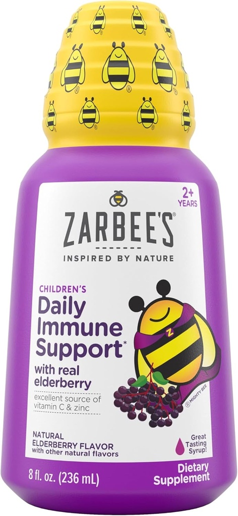Zarbee's Elderberry Syrup for barn, daglig immun støtte med vitamin C & sink, barn flytende kosttilskudd, naturlig Berry Flavor, 8 fl oz