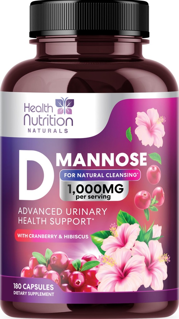 D-Mannose Supplement 1.350mg - med Cranberry, Hibiscus & Dandelion - Fast-Active, Natural Urin Tract & Bladder Støtte for kvinner og menn - Flush & Cleanse Uforsvar – Ikke-GMO, Vegan – 180 Kapsler