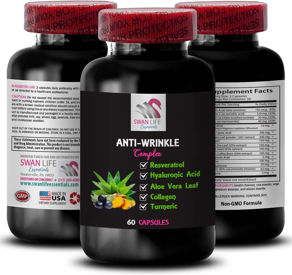 Alpha Lipoic Acid-støtte - ANTI-WRINKLE COMPLEX - Aloe Vera Leaf Fordeler, Kollagen Boost, Grønn Te Leaf Extract, Grape Seed Power, Grønn Kaffebønner Fordeler, Hyaluronsyre 1 Flaske 60 Caps