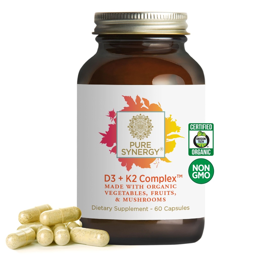 PURE SynERGY D3 + K2 Kompleks | Vegan Vitamin D3 K2 Complex | Organisk D3 Supplement med vitamin K2 og K1 Plus organiske hele mat | støtter bein, hjerne og immun helse (60 kapsler)