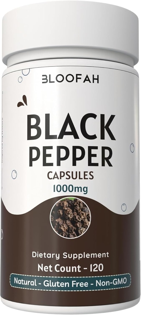 Svart pepperkapsler 1000 mg pulver | Piper nigrum | Ikke-GMO, Glutenfri | Ingen kunstige tilsetningsmidler | GMP-sertifisert | Herbal Supplement | Tradisjonell velvære (120 greve (Pack of 1))
