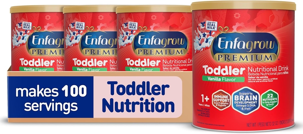 Enfagrow Premium Todler Ernæringsdrink, Vanilla Flavor, Omega-3 DHA for hjernestøtte, Prebiotika og vitaminer for immun helse, pulver Can, 32 Oz, Pakke med 4