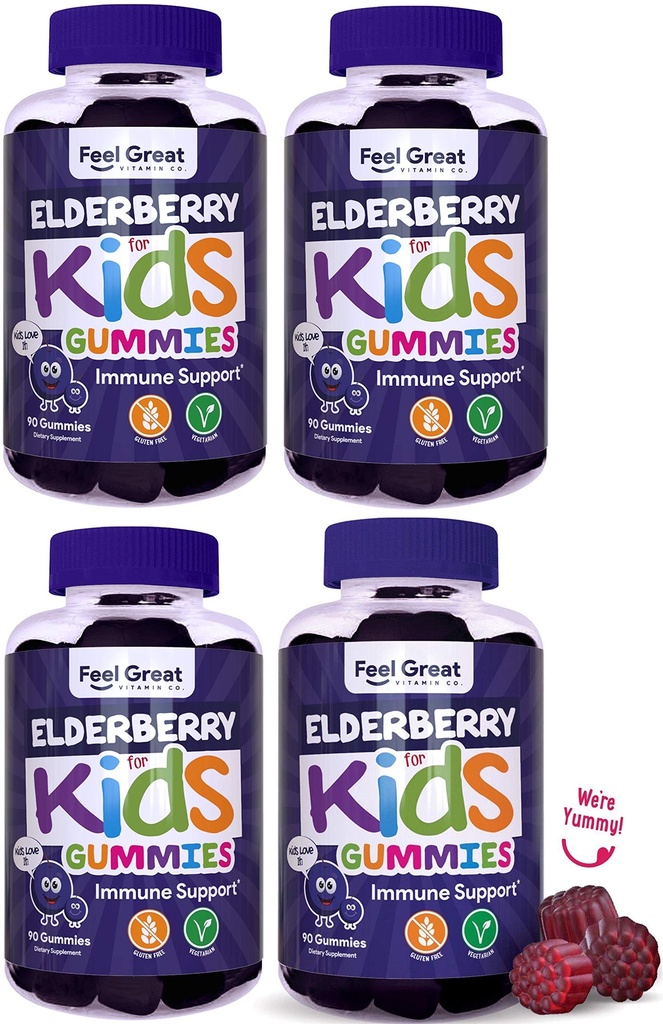 Føle store barn eldrebær gummier med sink og vitamin C (4-Pack) | Barn immun støtte Sambucus Elderberry Gummies | Berry Flavored Vegansk Kids Multivitaminer | 90 Gummies per flaske