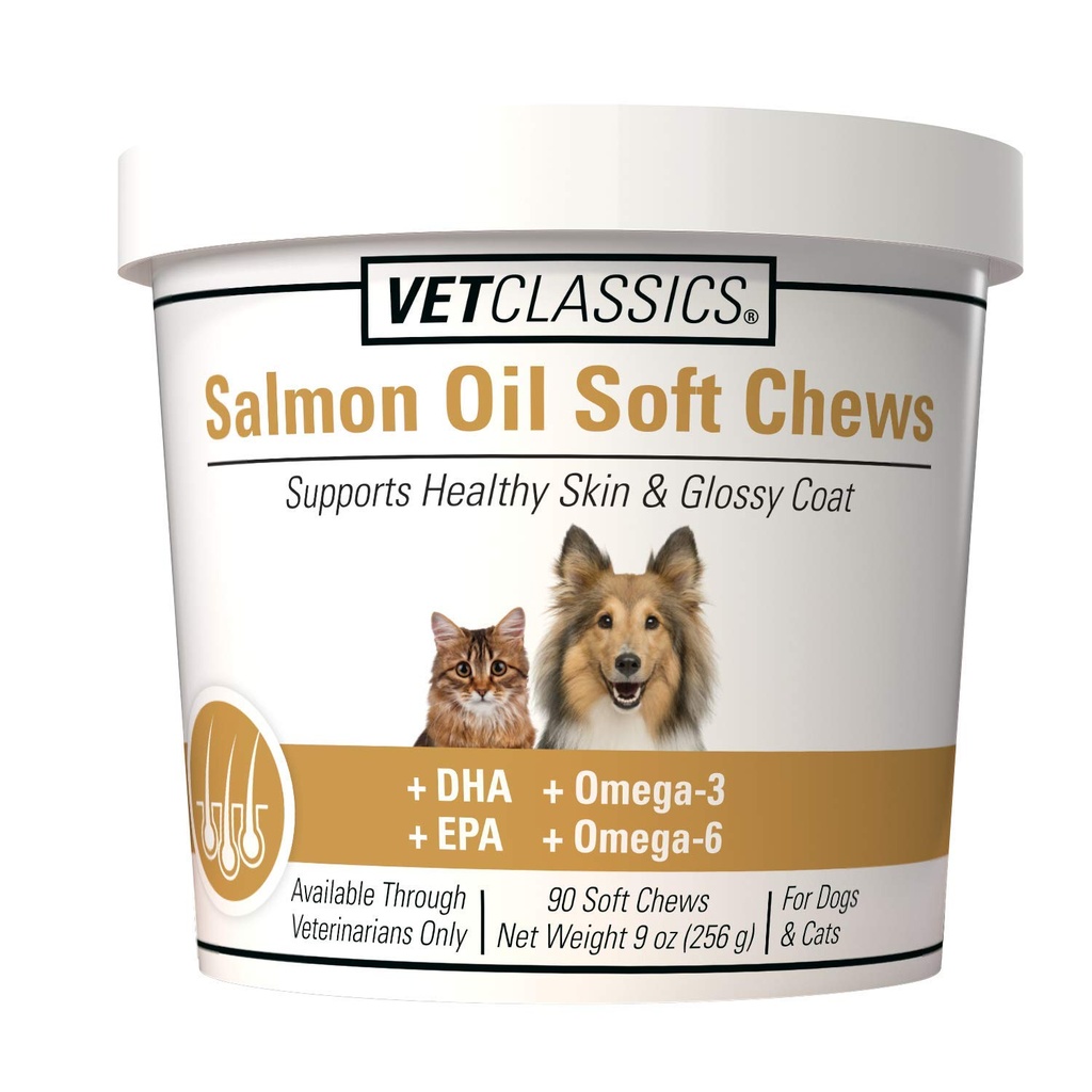 Vet Classics Salmon olje Kjæledyr Supplement for sunn hud, Glossy Coats - Hund Coat Supplement, Cat Skin Supplement - Inkluderer Omega-3, 6, 9, Kilde til DHA, EPA - Myke Chews 90 Ct.