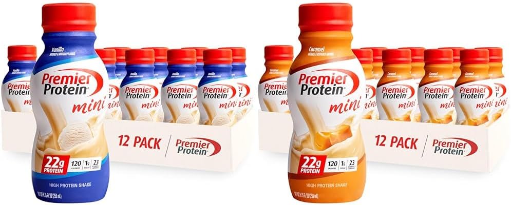 Premier Protein Shake MINIs Vanilla & Caramel Flavors, 22g Protein, 120 kalorier, 1g sukker, 8.75fl oz, Pakker med 12
