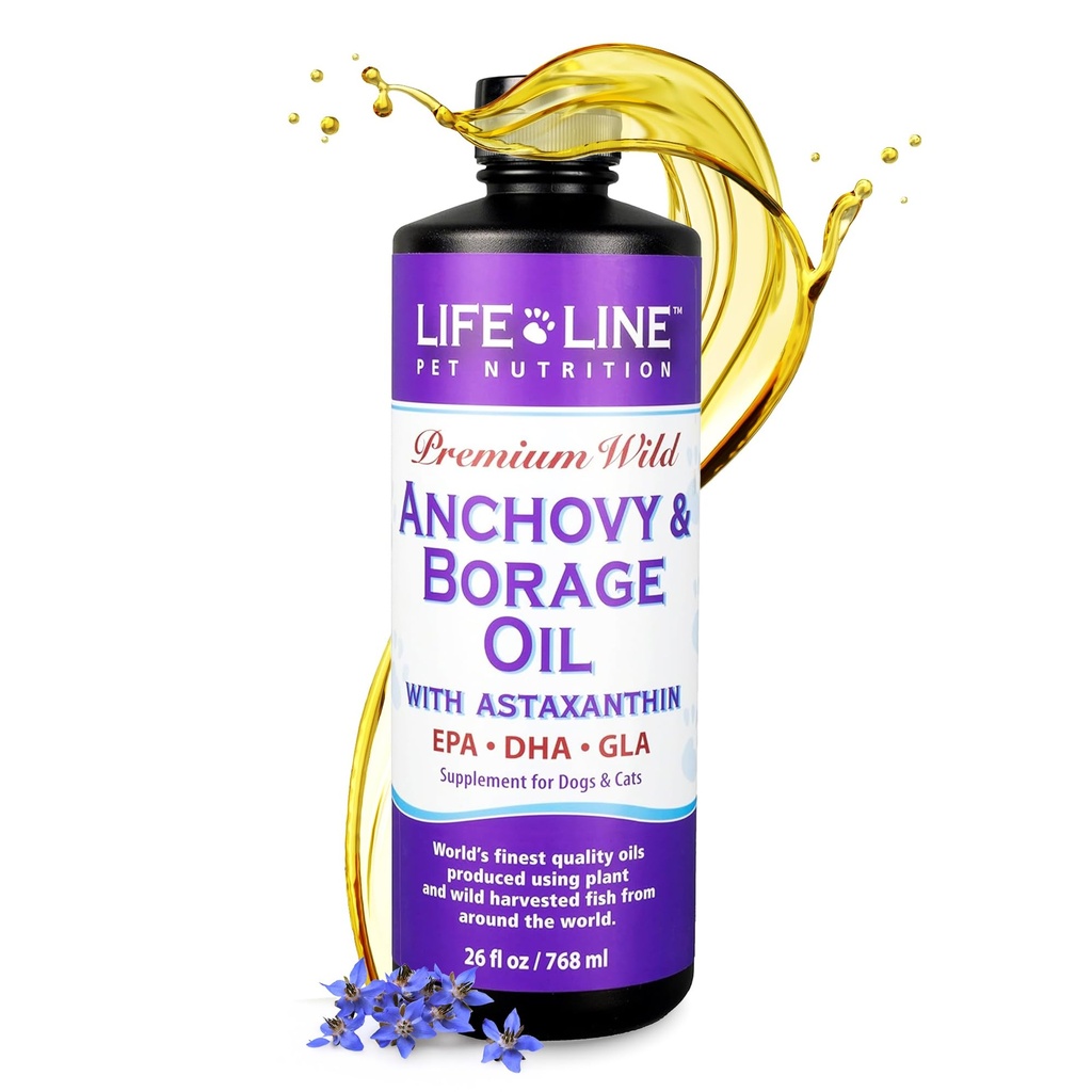 Livslinje Wild Anchovy + boreolje for hunder | Omega-6 GLA Supplement for hudhelse, allergier og Coat | Reduserer shedding, kløe og betenthet – 26 oz