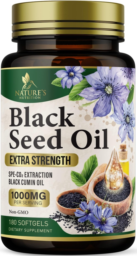 Svart Seed Oil Softgels 1000 mg - Premium Nigela Sativa Black frø, ren naturlig svart cumin frøolje og antioksidant for hud og immunstøtte - Ikke GMO, flaske i USA Supplement - 180 Softgels