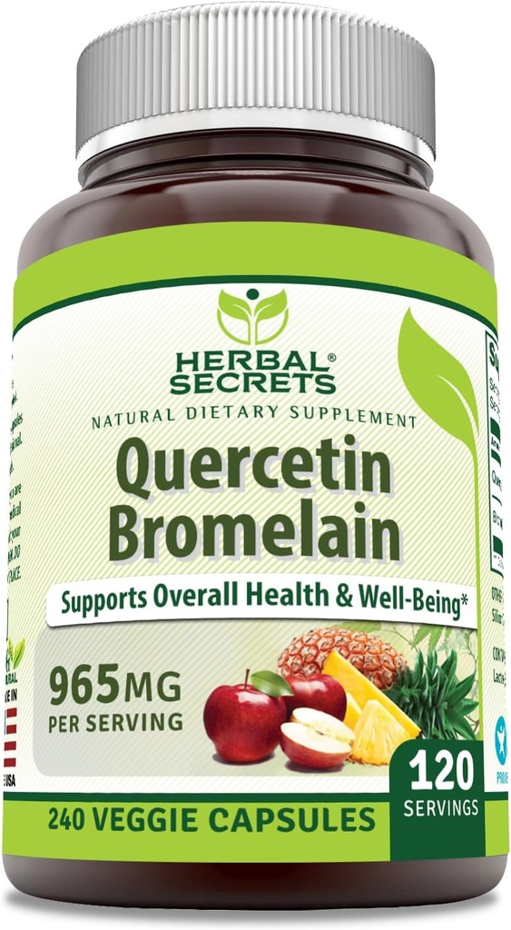 Herbal Secrets Quercetin 800mg med Bromelain 165mg, Veggie Capsules Supplement | Ikke-GMO | Glutenfri | laget i USA (965 mg, 240, greve)
