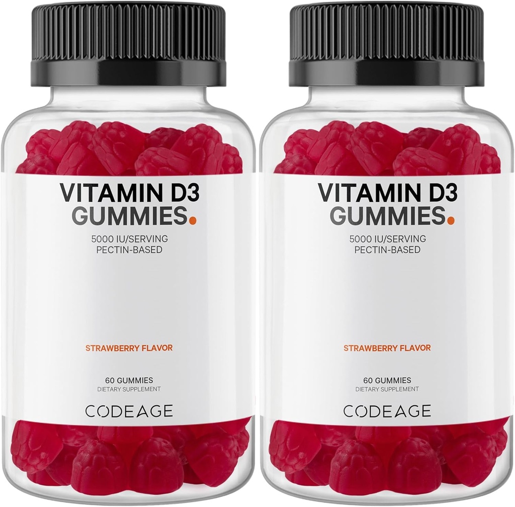 Codeage Vitamin D3 Gummy vitaminer, vitamin D3 5000 IU Gummier Cholecalciferol 125 mhg, myk Pektin-basert, Animal Gelatin-fri Gummi, Gummies Vitaminer, Tastig Jordbær, Ikke-GMO - 2-Pack