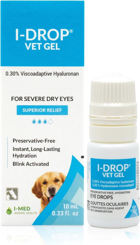 I-DROP Vet Gel: Pet Eye Drops for hunder | Lubricat akutte/seasonal tørre øyne | Superior Comfort | Langstrakt relief | Færre applikasjon nødvendig, 0,30% Hyaluronan | Multidose flaske | En flaske 10 ml