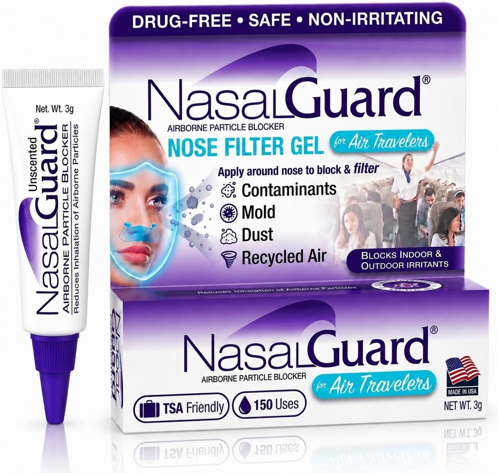 Airborne Partikkel Blocker Nasal Gel for Air Reisende - Drug-Free, Ikke-irriterende, Ikke-drowsy, Airplane Reise godkjent (Uscented) - Over 150 Applications Per Tube (0,1 oz, Pakke med 1)