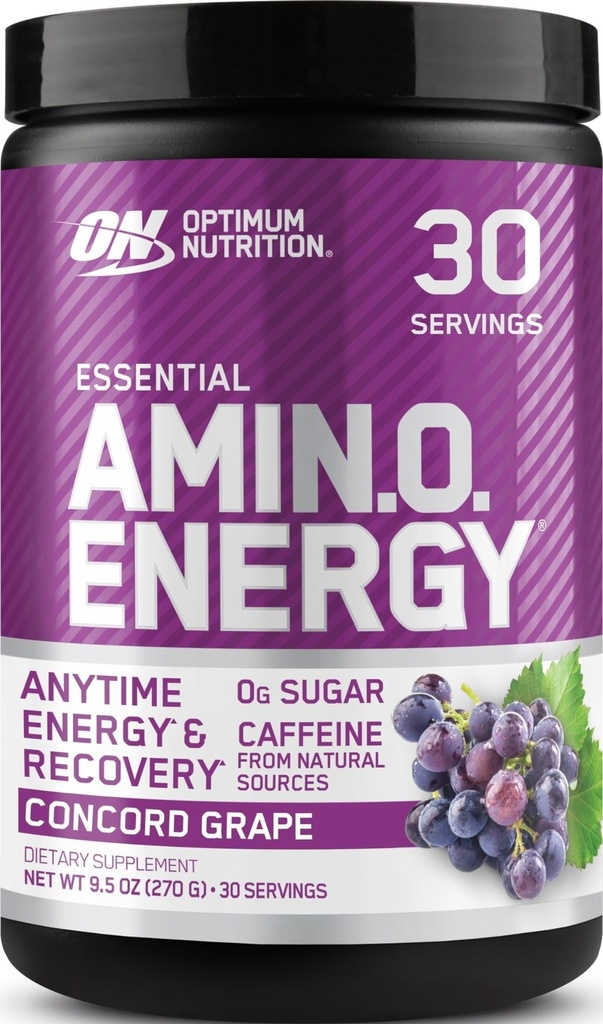 Optimum Nutrition Amino Energi - Pre Workout med grønn te, BCAA, Aminosyrer, ketovennlig, grønn kaffeekstrakt, energipulver - Concord Grape, 30 Serveringer