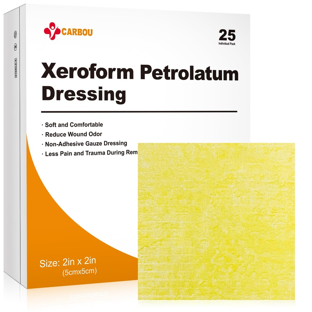 Carbou Medical Xeroform Petrolatum Dressing 2"x2", 25 Individual Pack, Non-Adherent Gauze Pads, Myke Fine Mesh Gauze Patch for sårpleie, Burner, Laceringer, Skin Grafts & Kirurgiske snitt