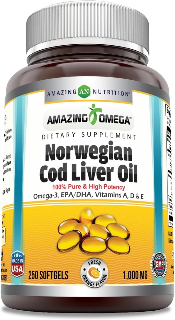 Amazing Omega Norsk Cod Liver Oil 1000 Mg Softgels Supplement Omega-3, EPA, DHA, Vitamin A, D & Vitamin E (Orange 250 Count)